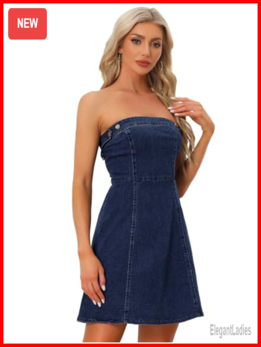 Strapless Mini Denim Dress with Elastic Waist and Adjustable Buttons